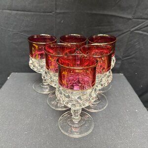 6 Tiffin Cranberry "Kings Crown" Pattern Pedestal 5 5/8" High Water Goblets